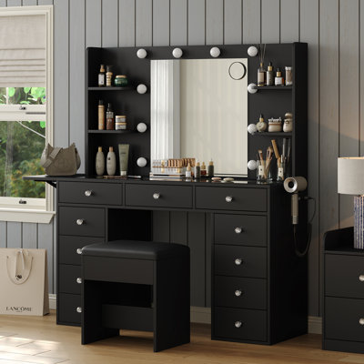 Milah Desk With Power Outlet, 11 Drawers Makeup Milah With Lighted Mirror, 3 Colors Adjustable, Glass Top Milah With Chair, 4 Shelves And Fold-Up Panel, Milah Set For Bedroom, Dressing Room