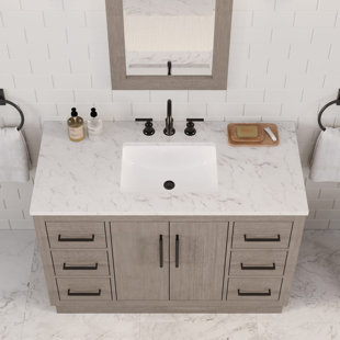 Hugo 48" Carrara White Marble Countertop Bath Vanity in Gray Oak with Faucet