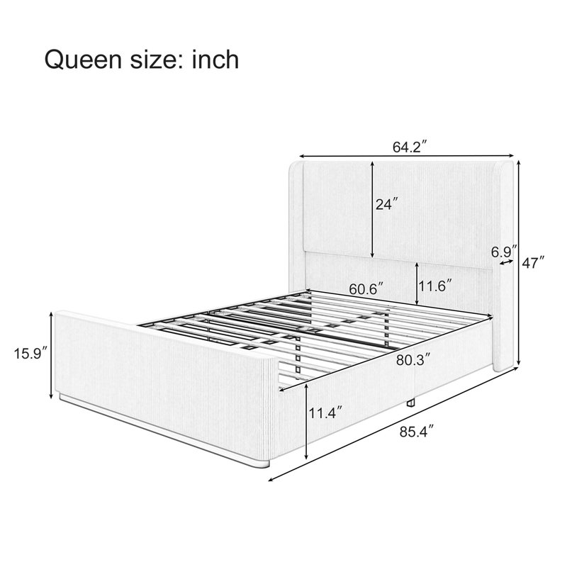 Structure de lit tapissier en velours côtelé avec repose-pieds de rangement de 130 L, tête de lit à oreilles et pied de lit à rayures verticales, rose