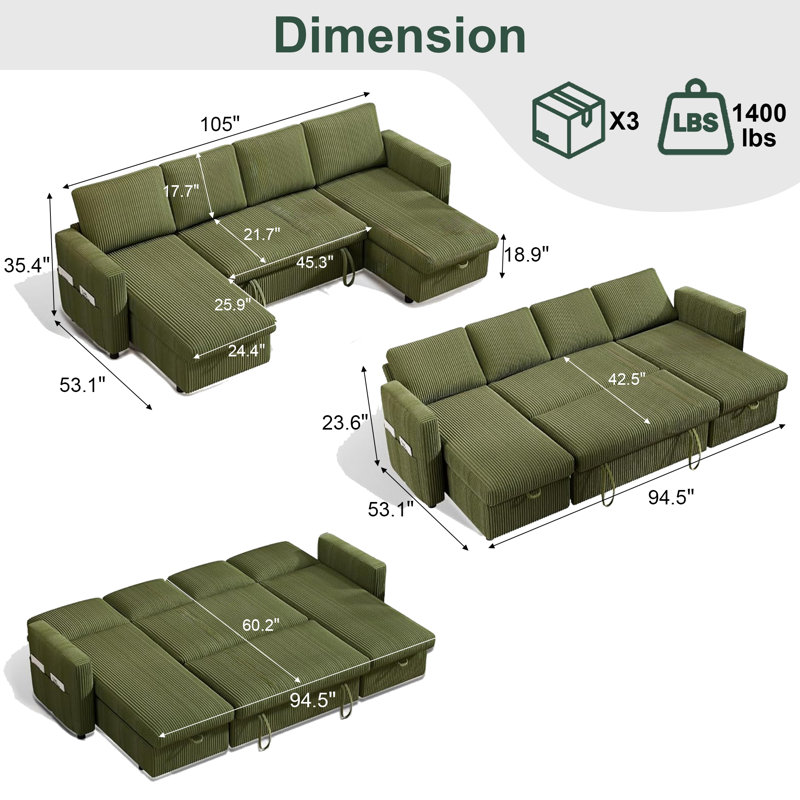 Canapé-lit modulaire avec canapé-lit, dossier inclinable, méridienne réversible, ports USB, assemblage sans outils, Vert