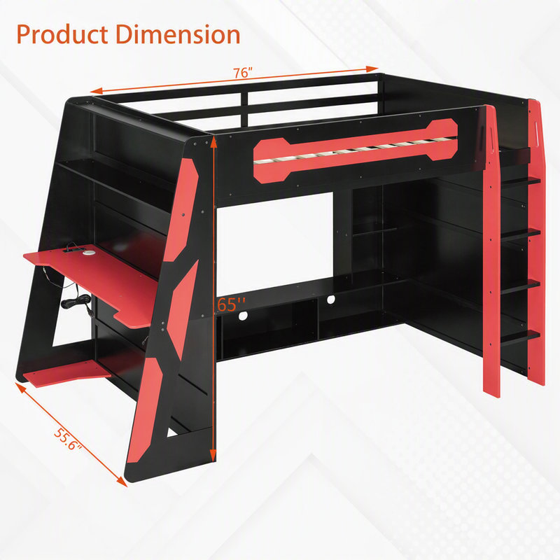 Lit mezzanine double en bois avec bureau, tablettes multiples et lumière RVB, rouge