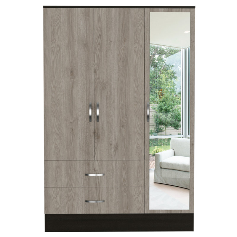 Armoire à miroir Bolton 120, quincaillerie en métal, armoire à deux portes, deux tiroirs, porte simple avec miroir, tringles - multicolore