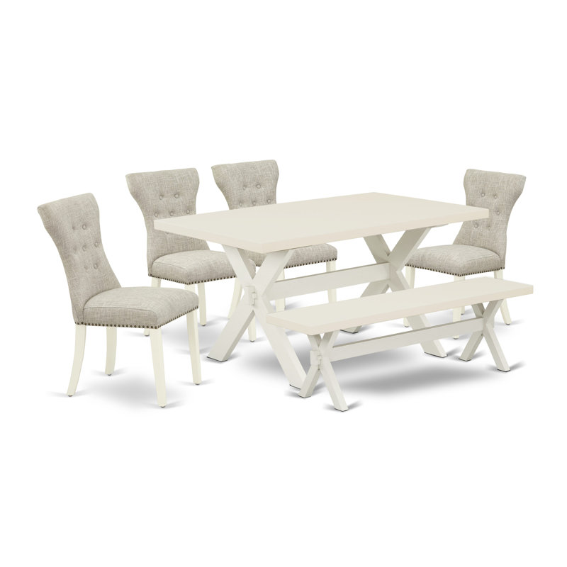 L'ensemble de table de salle à manger 6 pièces contient une table de cuisine rectangulaire avec des pieds en X et 4 chaises Parson en tissu de lin avec un banc, blanc lin