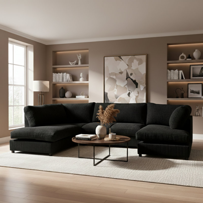 5 Seater Corduroy Corner Sofa , Black