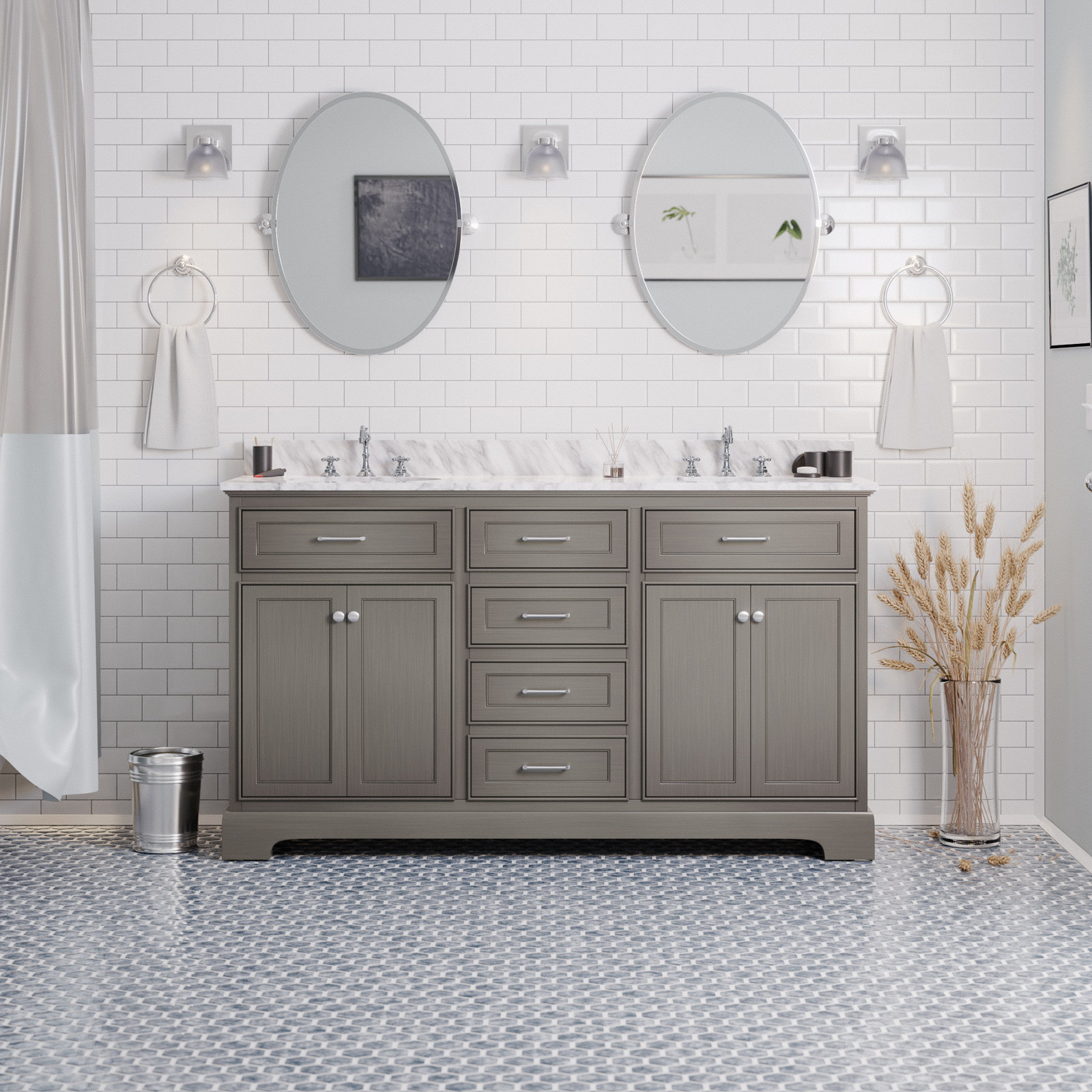 60'' Double Bathroom Vanity, Weathered Gray, Carrara Marble