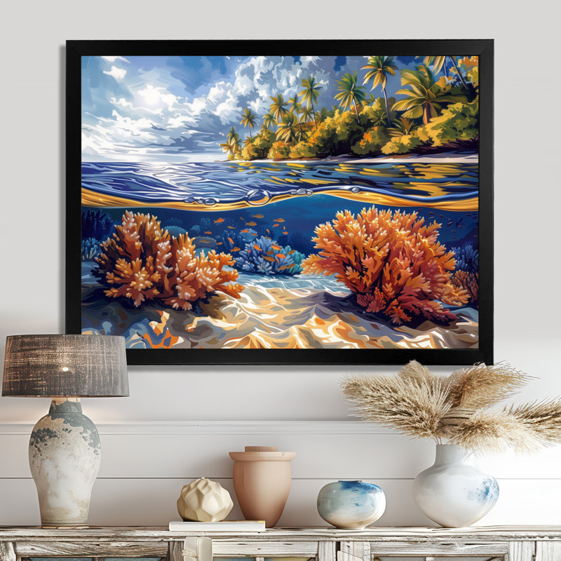 Impression d'art mural brun et bleu grande barrière de corail III - corail, Cadre flottant brun, H 12 po x l 20 po