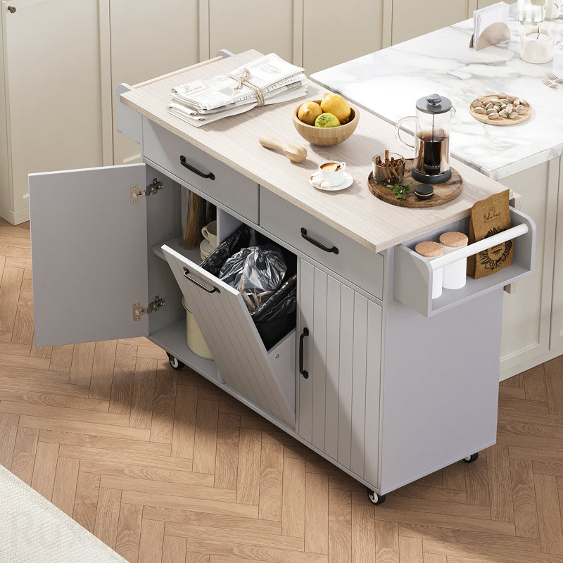 Îlot de cuisine avec armoire de rangement pour poubelle, chariot de cuisine avec abattant, support à épices, porte-serviettes et tiroir, îlot de cuisine sur roulettes avec tablette réglable, gris