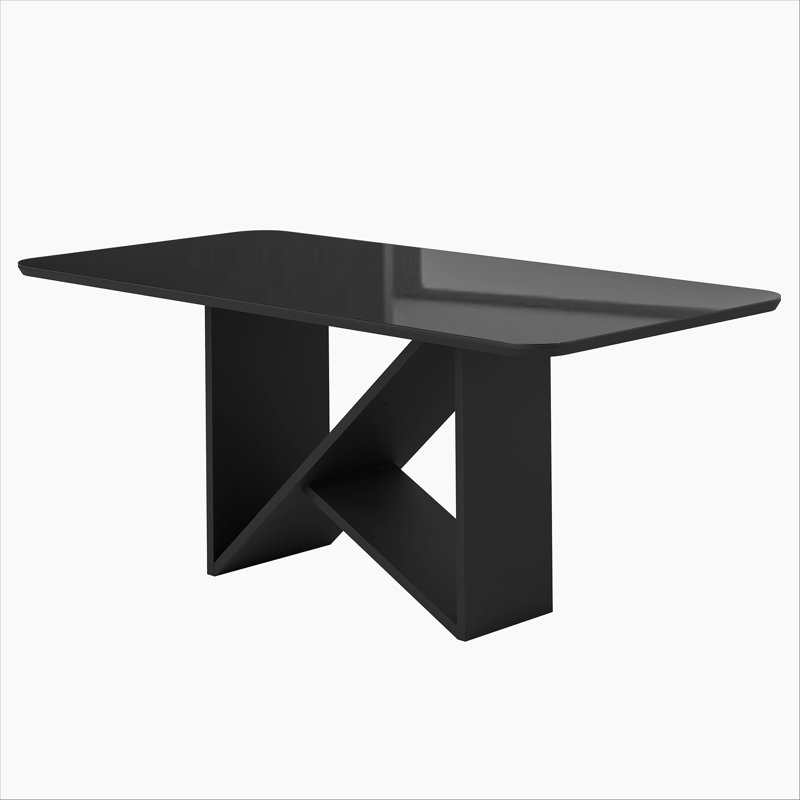 Table de salle à manger 6 places de style italien avec plateau en verre peint et base en bois élégante, noir, Noir