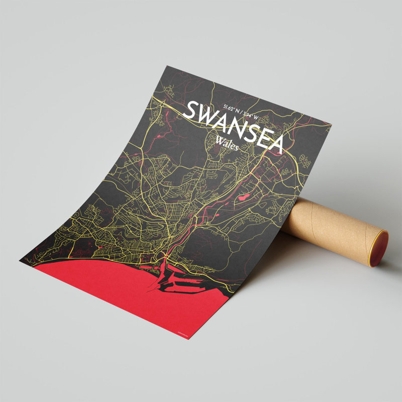 Swansea City Map, impression, Noir / rouge / jaune, H 20 po x l 16 po