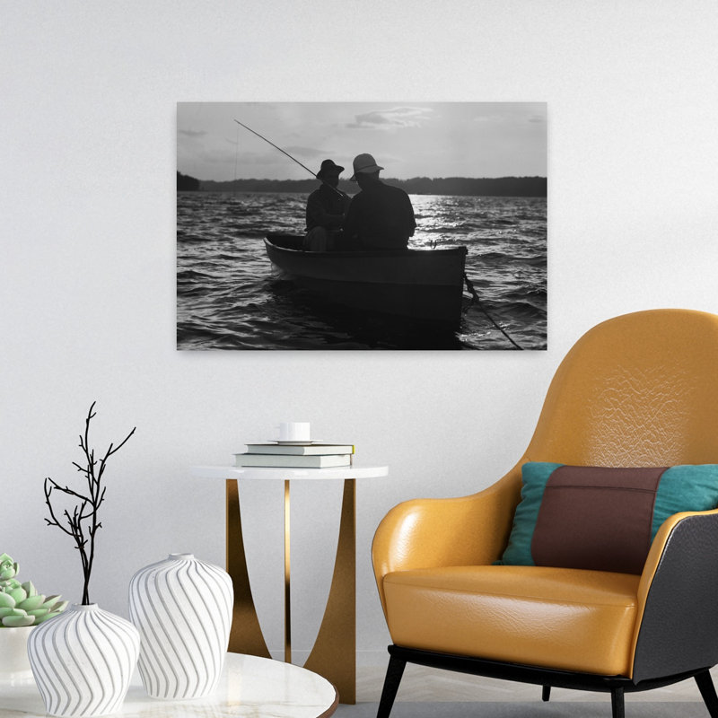 1930S Two Anonymous Men Wearing Hats In Rowboat Fishing Silhouetted At Sunrise Classic Retro Vintage Fish Sunrise Sunset Wall Art