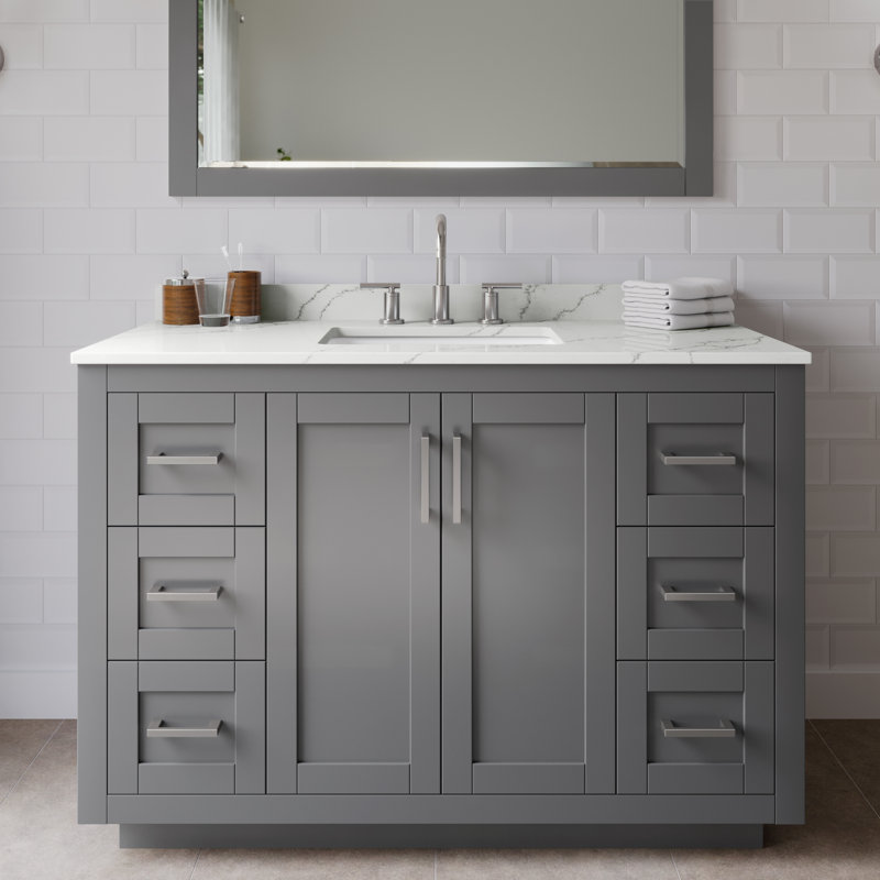 Ensemble de meuble-lavabo simple autoportant 48 po avec plateau en quartz Miranda, Quartz Giotto, Gris foncé, Nickel brossé