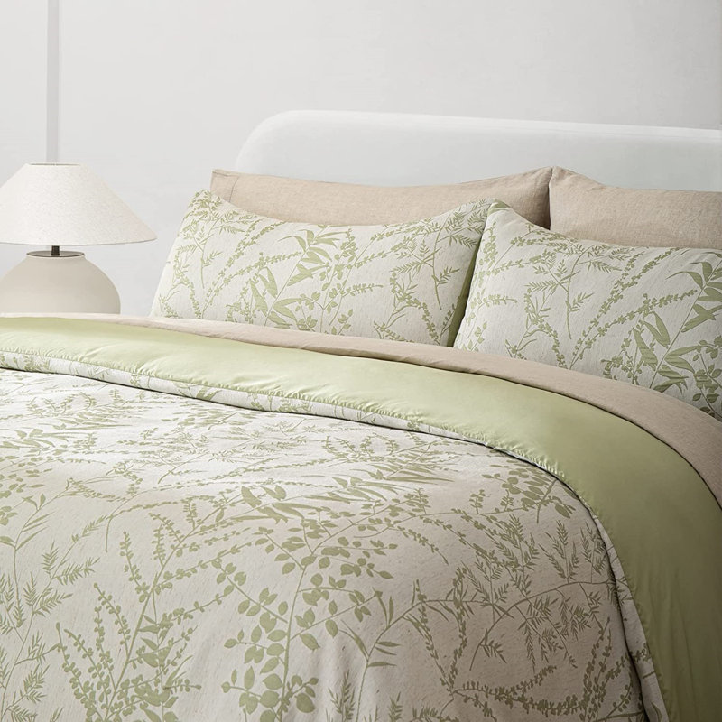 King Size Duvet Cover Set of 3 with Leafy Jacquard, Creamy White and Sage Green, 300 Thread Count 100% Cotton Bedding Set, Combo of Duvet Cover and Pillow Shams