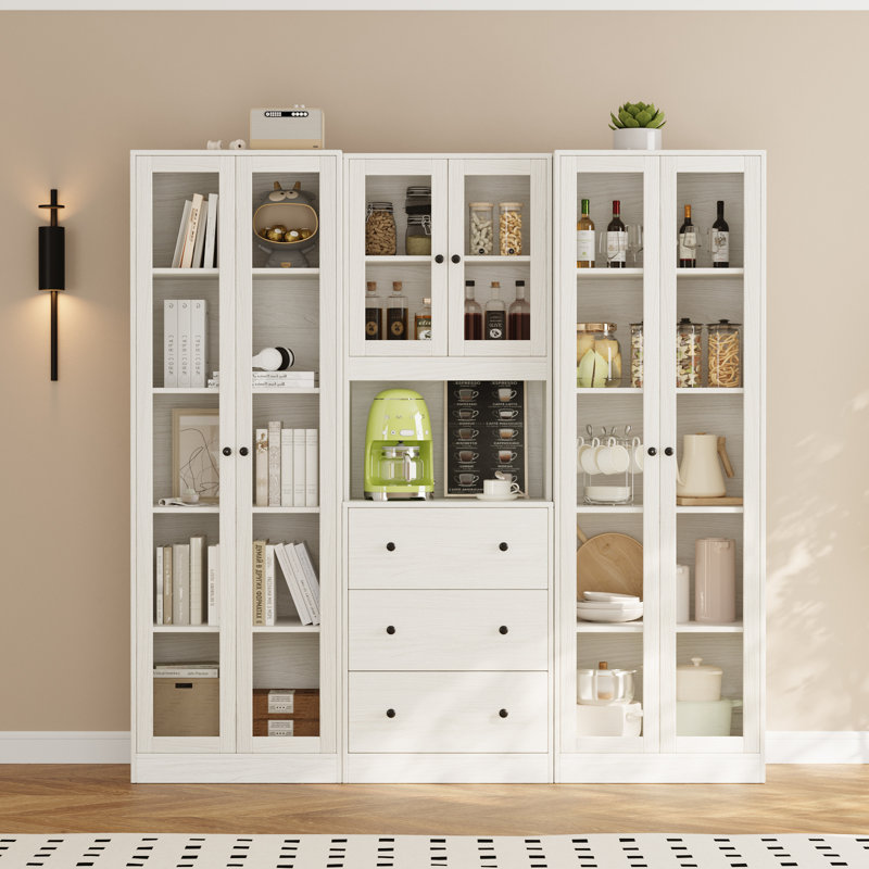 White Book Cabinet Storage Bookcase, 5-Tier Modern Bookshelves With 3 Large Drawer And Glass Door(A+2C), White
