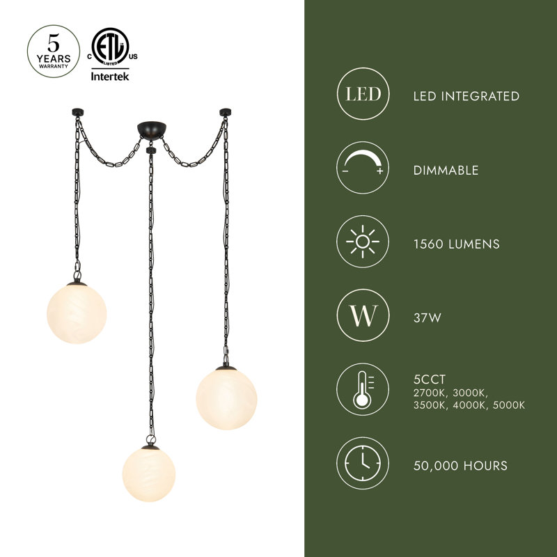 Petra 3 Light Black dimmable LED Chandelier, Oil Rubbed Bronze, 12-in