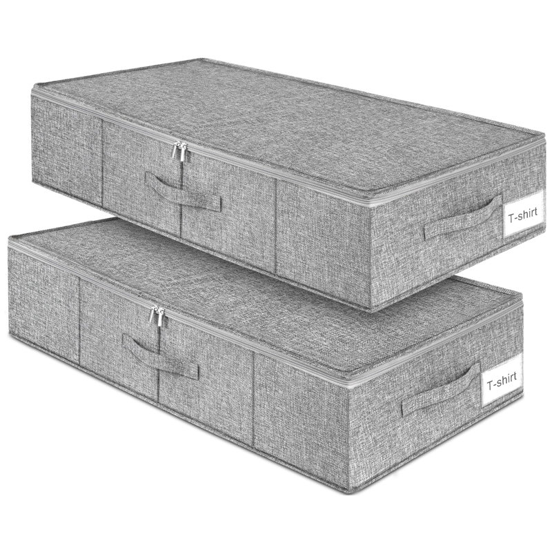 Contenant de rangement robuste sous le lit de 6,7 po de hauteur avec couvercle, paquet de 2, gris | Sac de rangement pour vêtements empilable avec côté et fond rigides, pour les couvertures, la literie et les chaussures, le placard, le dortoir et l'organisation de la chambre à coucher