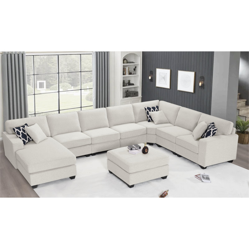 165.7" Wide Reversible Modular Sectional with Ottoman, Cream Polyester Blend