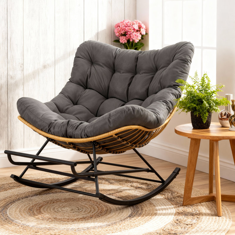 Chaise berçante en osier avec repose-pieds rétractable, coussin rembourré épais et poche latérale pour patio, salon, chambre à coucher, gris					