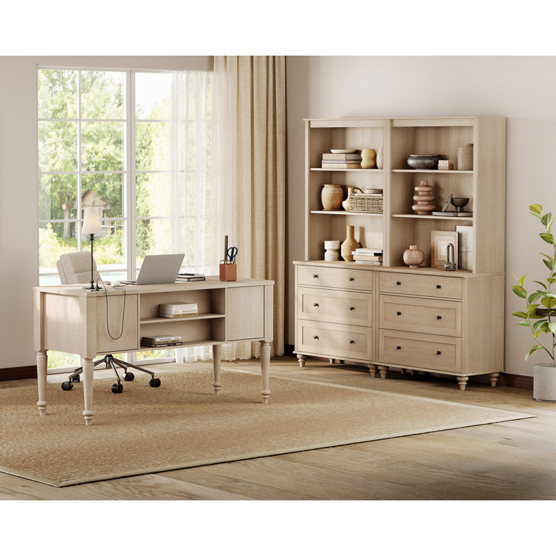 Ensemble de bureau 2 pièces, bureau double 56 po et ensemble de 2 bibliothèques avec tiroirs, beige, Beige