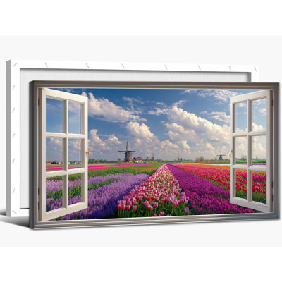  Art mural de paysage printanier, champs de tulipes pittoresques et moulins à vent, décor de fenêtre ouverte, peinture sur toile nature vibrante pour le salon ou la chambre à coucher, 24 x 48 pouces