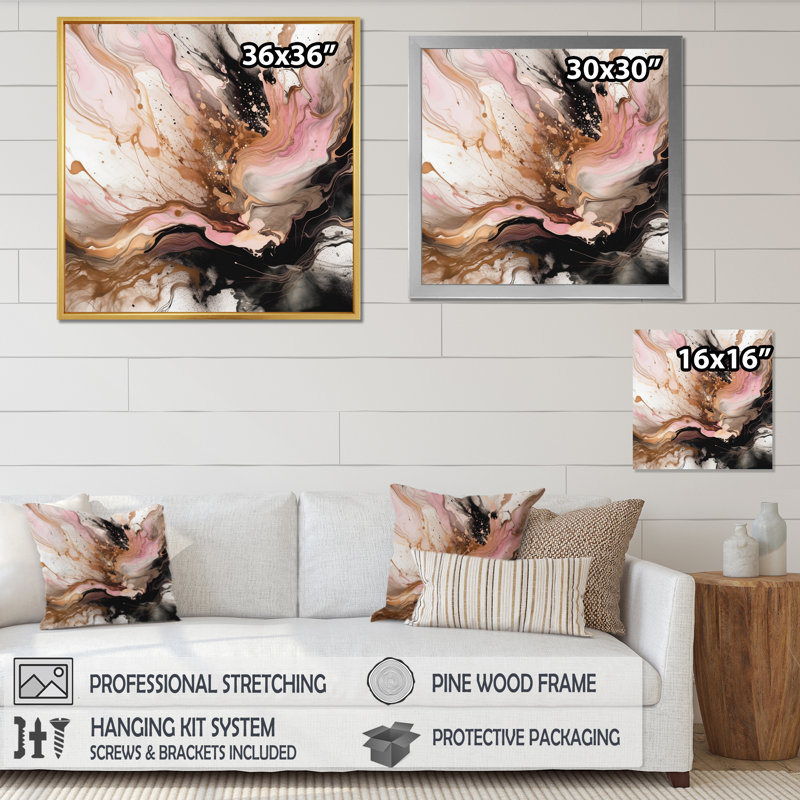 Rose, noir, agate chromatique II, art mural abstrait, salon, 36" H x 36" W, Cadre flottant doré