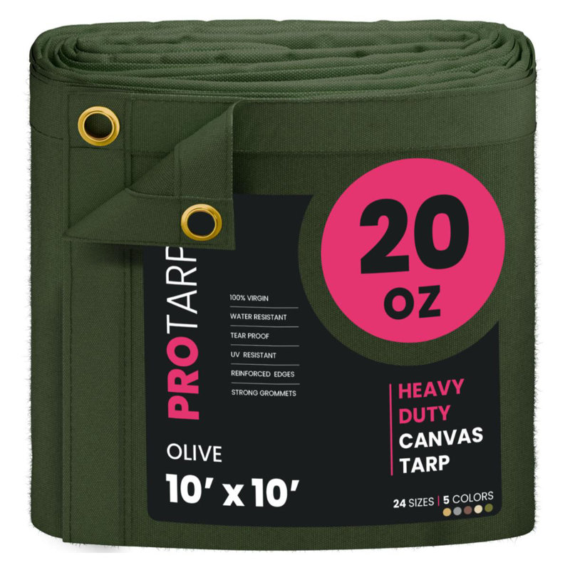 PROTARP Extreme Heavy Duty 20 OZ Water Resistant Canvas Tarp, UV Resistant Tarpaulin Cover with Rustproof Brass Grommets, Multipurpose for Canopy, Roof, Camping, Woodpile . (Olive)