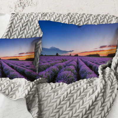 Square,Sunrise & Dramatic Clouds Over Lavender Field I - Farmhouse Printed Throw Pillow