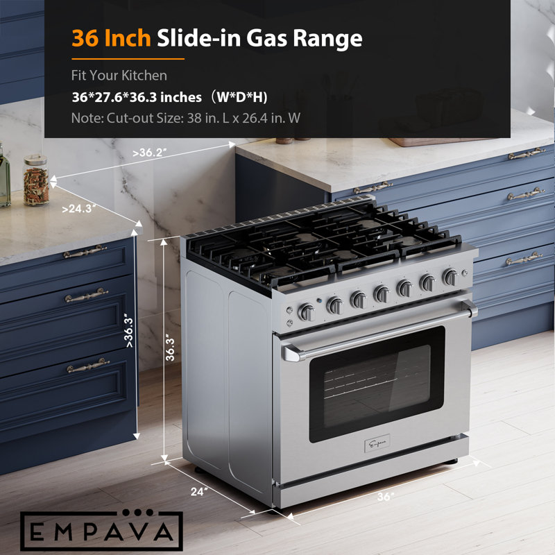 36 In. Slide-in Natural Gas Range, 6 Sealed Burners (2x 18000 Btu), 6.0 Cu. Ft Convection Oven, Stainless Steel