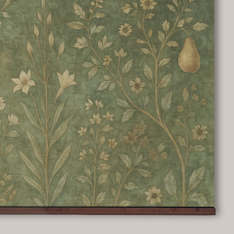 Extra Large Vintage Botanical Tapestry Wall Hanging – Green Floral & Pear Tree Design with Wooden Hanger, 40" H x 60" W
