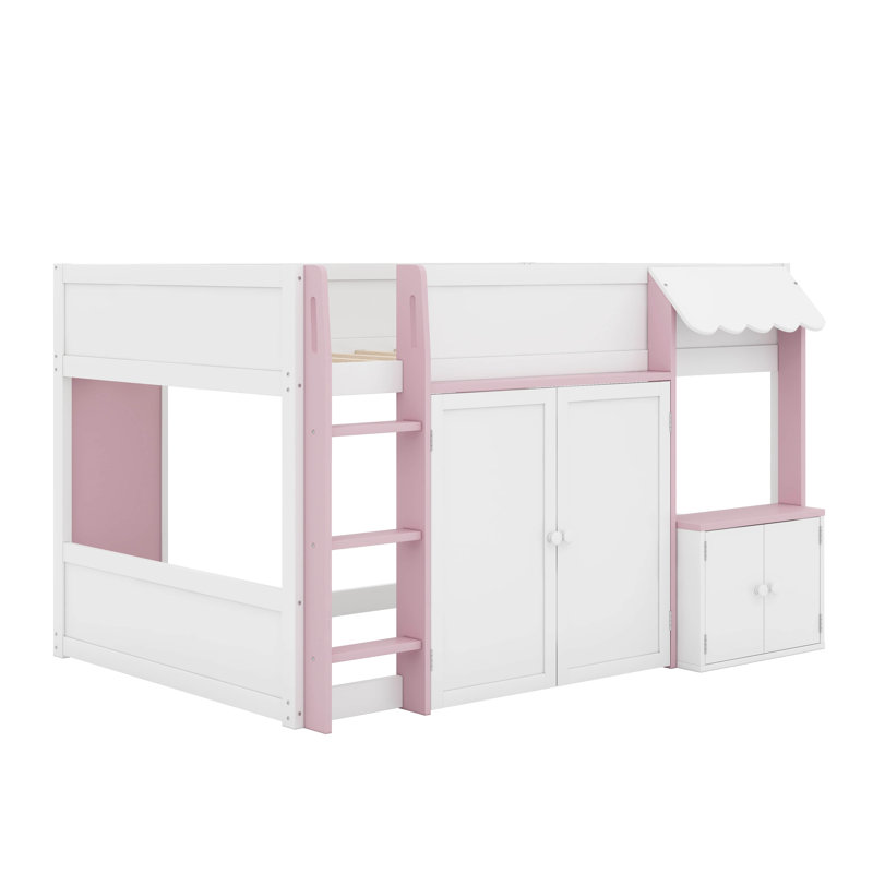 Lit mezzanine double avec rangement, porte et fenêtre, structure de lit en bois avec rangement, Blanc / Rose