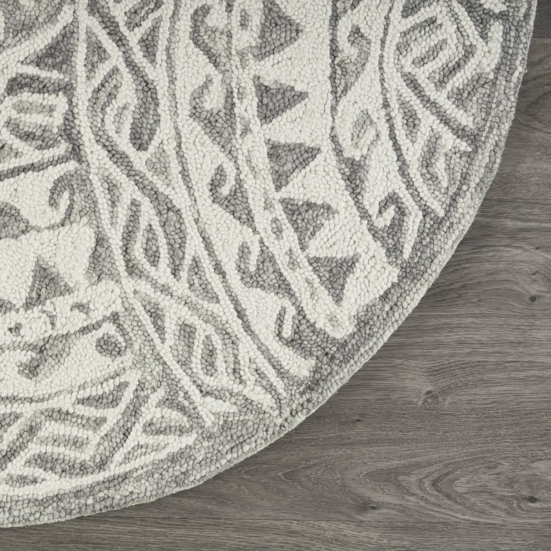 Tapis gris en laine touffeté à la main Toochin Aztec, Rond 4 pi