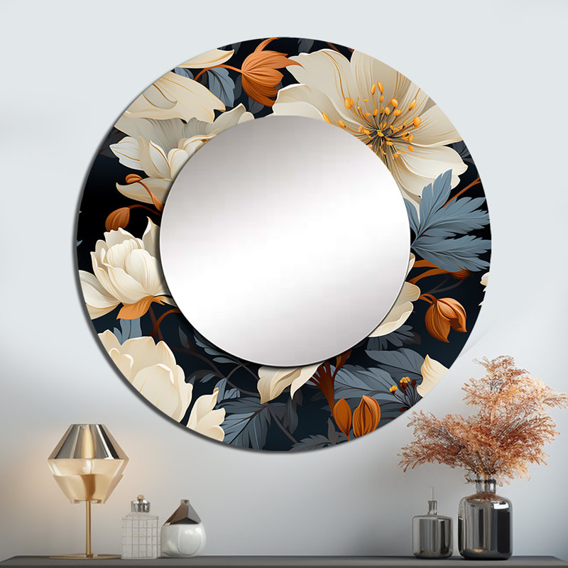 Magnifique Magnolia Blooms - miroir mural floral, miroir décoratif rond blanc, impression d'art en métal, 23 po x 23 po