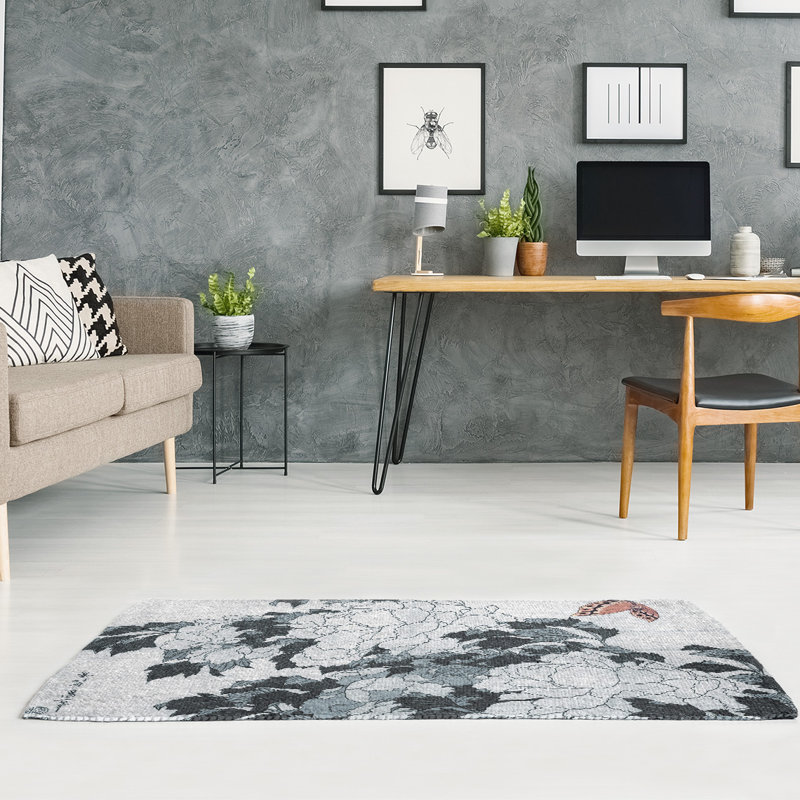 Tapis blanc cassé/noir à pivoines et papillon, Rectangle 3 pi x 5 pi