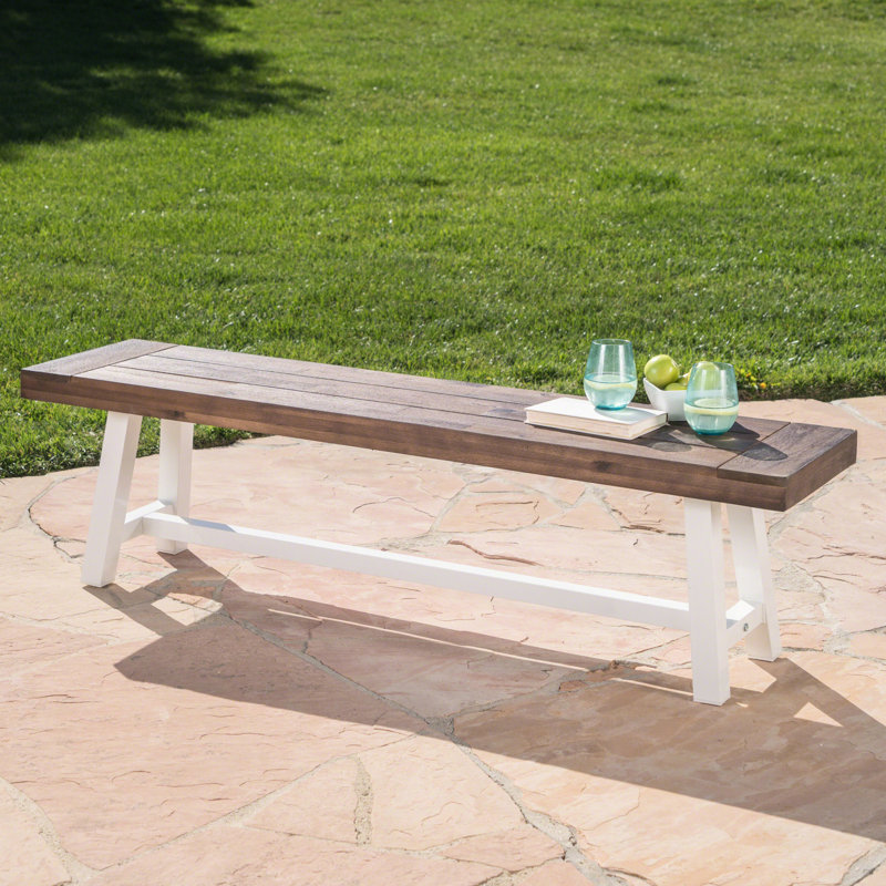 Banc en bois avec finition sablée brun foncé et métal rustique blanc, largeur de 63 po pour l'extérieur, structure en métal