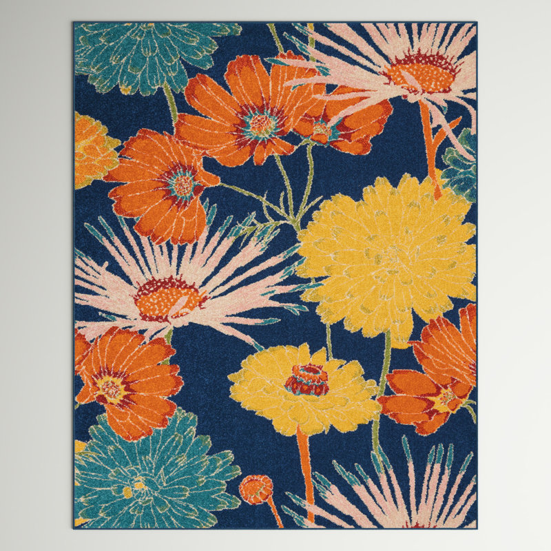 Tapis floral bleu / jaune / orange Amher, Rectangle 9 pi x 12 pi
