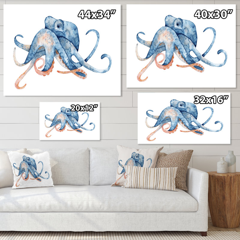 Pieuvre bleue sur blanc - reproduction sur toile, H 24 po x l 32 po x P 1 po, Toile tendue