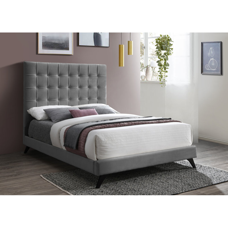 Tufted Upholstered Low Profile Platform Bed, King, Grey Velvet