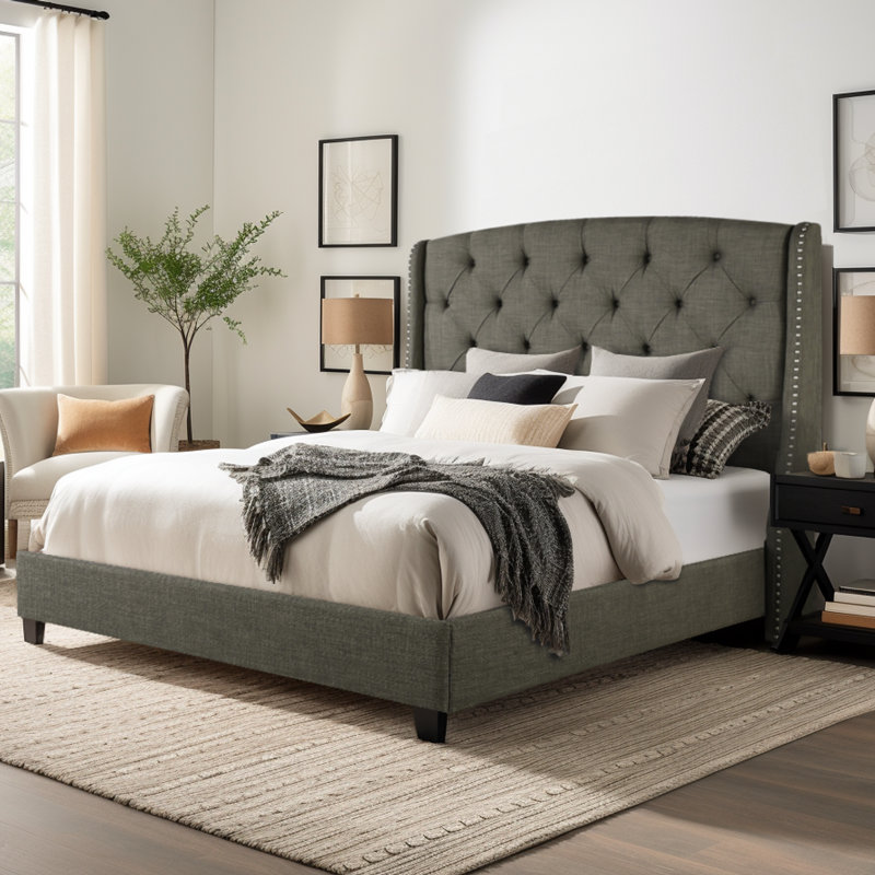 Upholstered Wingback Bed, Gray, Queen