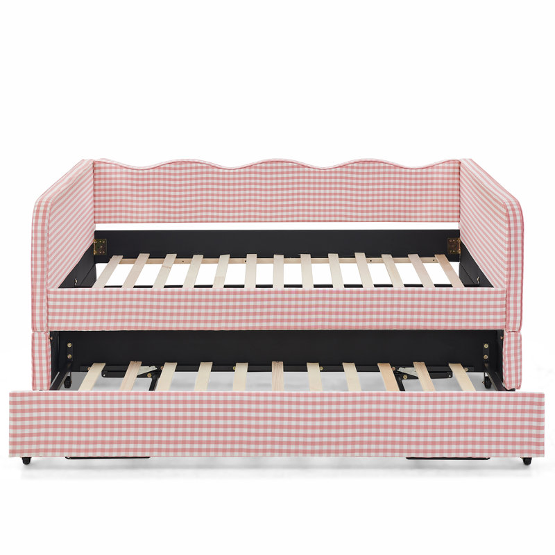Divan-lit double convertible 3 en 1 avec couchette gigogne et poches de rangement latérales Gingham, Rose