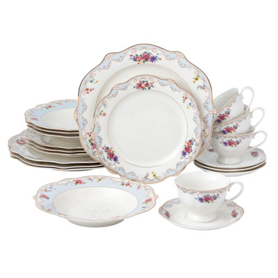 "Romantic Bloom" 20-Piece Bone China Dinnerware Set, Service For 4, Floral With Blue And Gold Trim