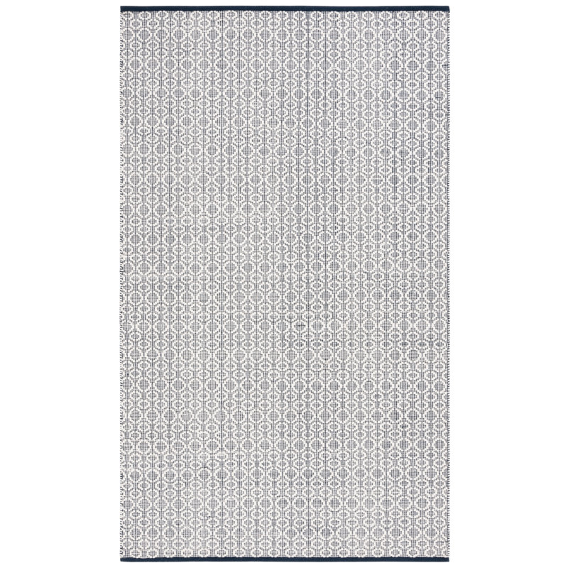 Palbo Flat Weave Wool/Cotton Geometric Rug in Ivory/Navy, Rectangle 5' x 8'