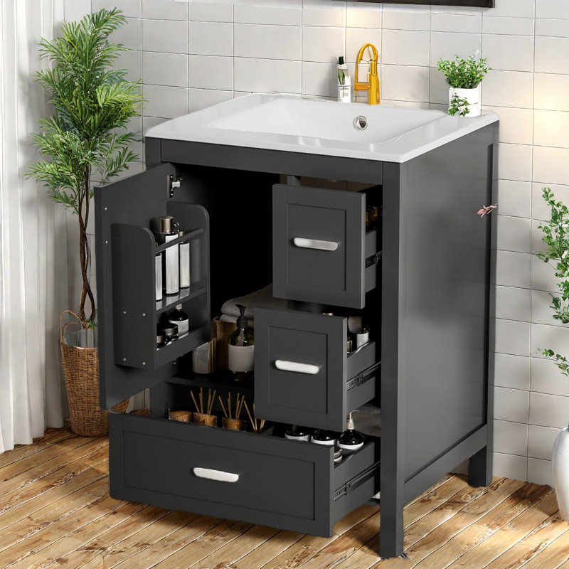 Compact Modern Vanity Cabinet With Sink, Wood Frame, Stylish Black