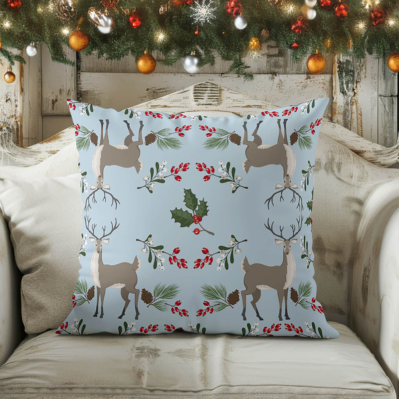 Coussin décoratif d'intérieur Botanical Deer, Argent / bleu, Carré 18 po