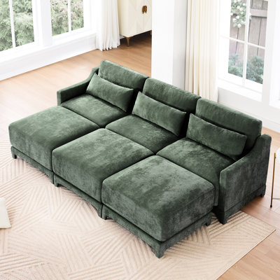 Chenille Three - Seater With 3 Movable Ottomans, Ergonomic Back, Cushions, Unique Tufting Style Upholstered In Chenille, Matching Lumbar Pillow, Construction, Customizable Arrangement