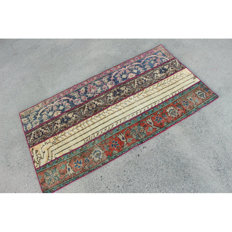 Vintage Turkish Patchwork Small Oushak Rug in Blue for Kitchen and Entryway Perfect as a Small Oriental Decorative Piece