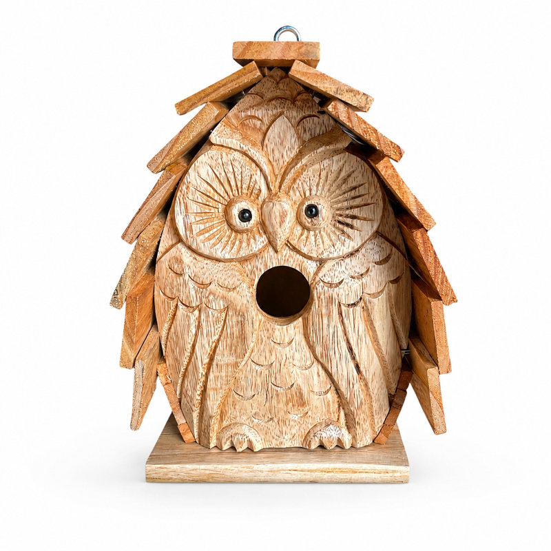 Cabane à oiseaux suspendue en bois de teck avec motif de hibou sculpté à la main - artisanale