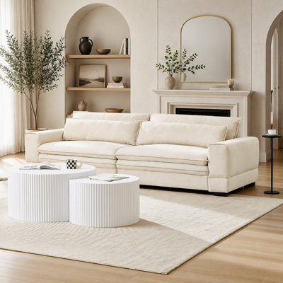Mid-Century Modern Sofa Couch, Upholstered in Beige Fabric for Livingroom, Bedroom, and Apartment