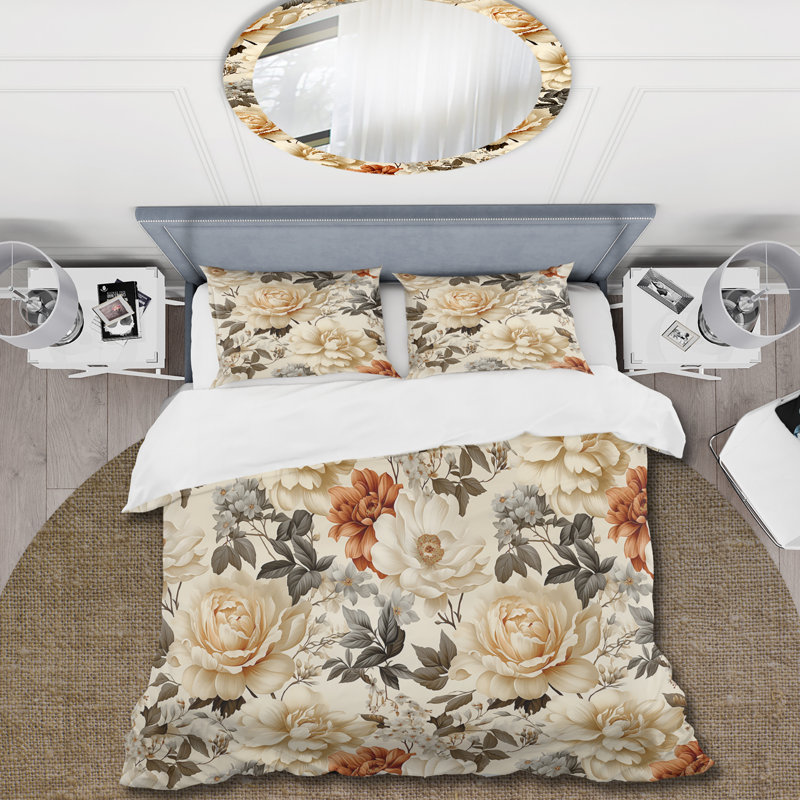 Ensemble de housse de couette Beige Vintage Countryhouse Flower Harmony, Housse de couette simple + 1 taie décorative stan