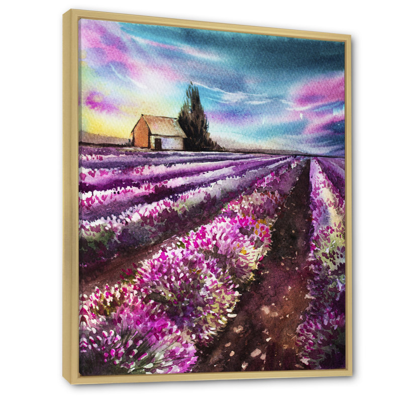 «Morning Sun Over The Lavender Field», reproduction sur toile, H 40 po x l 30 po, Toile avec cadre en érable