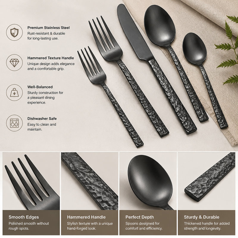 60 Pcs Black Hammered Silverware Set for 12