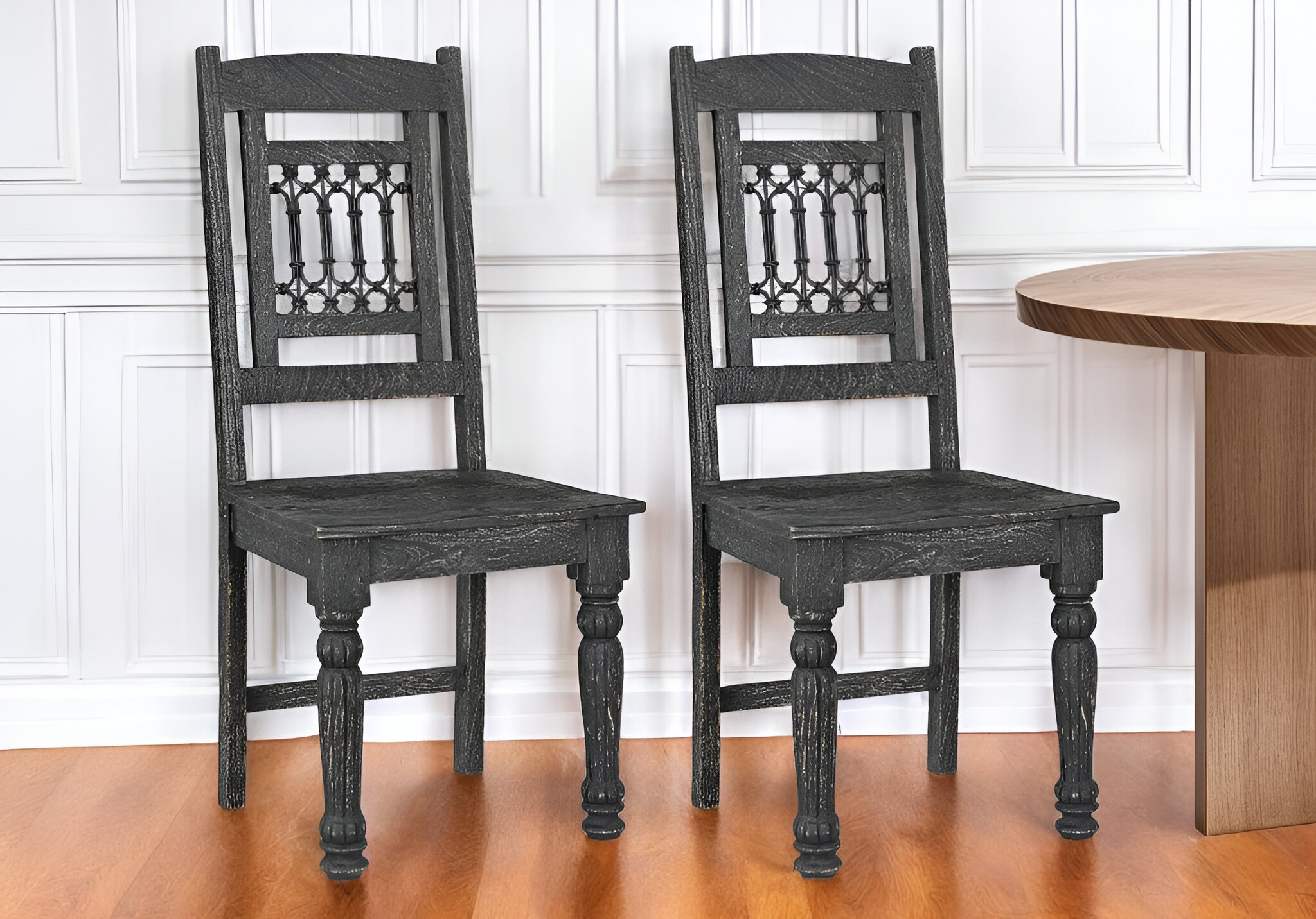 HomeRoots Set of Two Black Wood Slat Back Dining Side Chairs | Wayfair